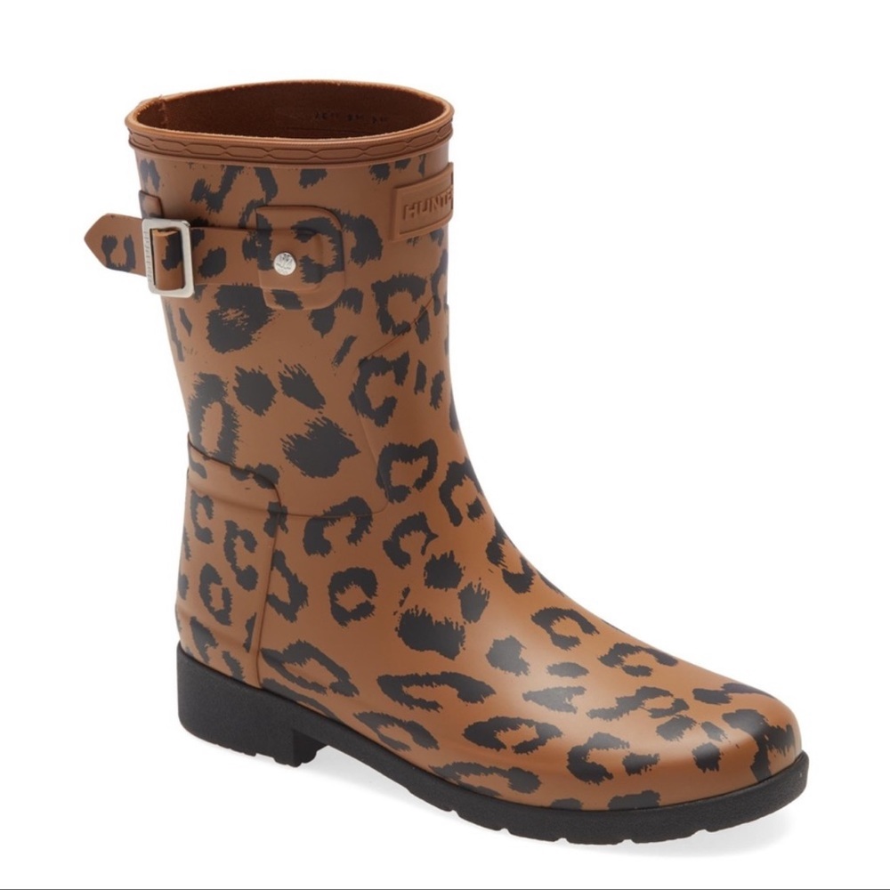 Hunter Brown Leopard Print Winter Rain Boots